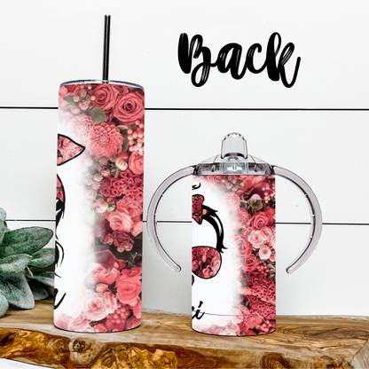 MAMA and MINI Messy Bun with Pink Flowers Tumbler Set