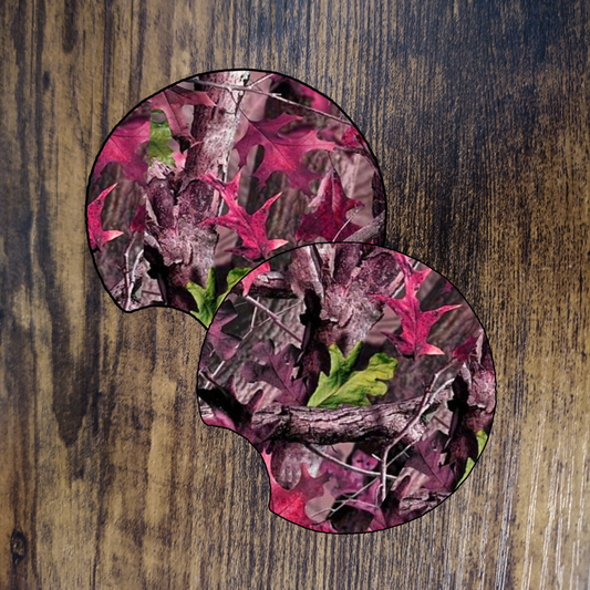 Pink Tree Camo with Leaves Car Coaster Set of 2