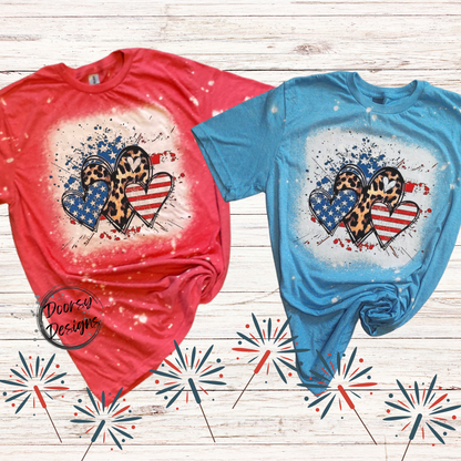 Bleached 4th of July Shirt with Hearts and Leopard Print
