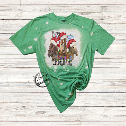 Merry Christmas Horses Bleached Xmas Shirt with Christmas Lights