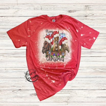 Merry Christmas Horses Bleached Xmas Shirt with Christmas Lights