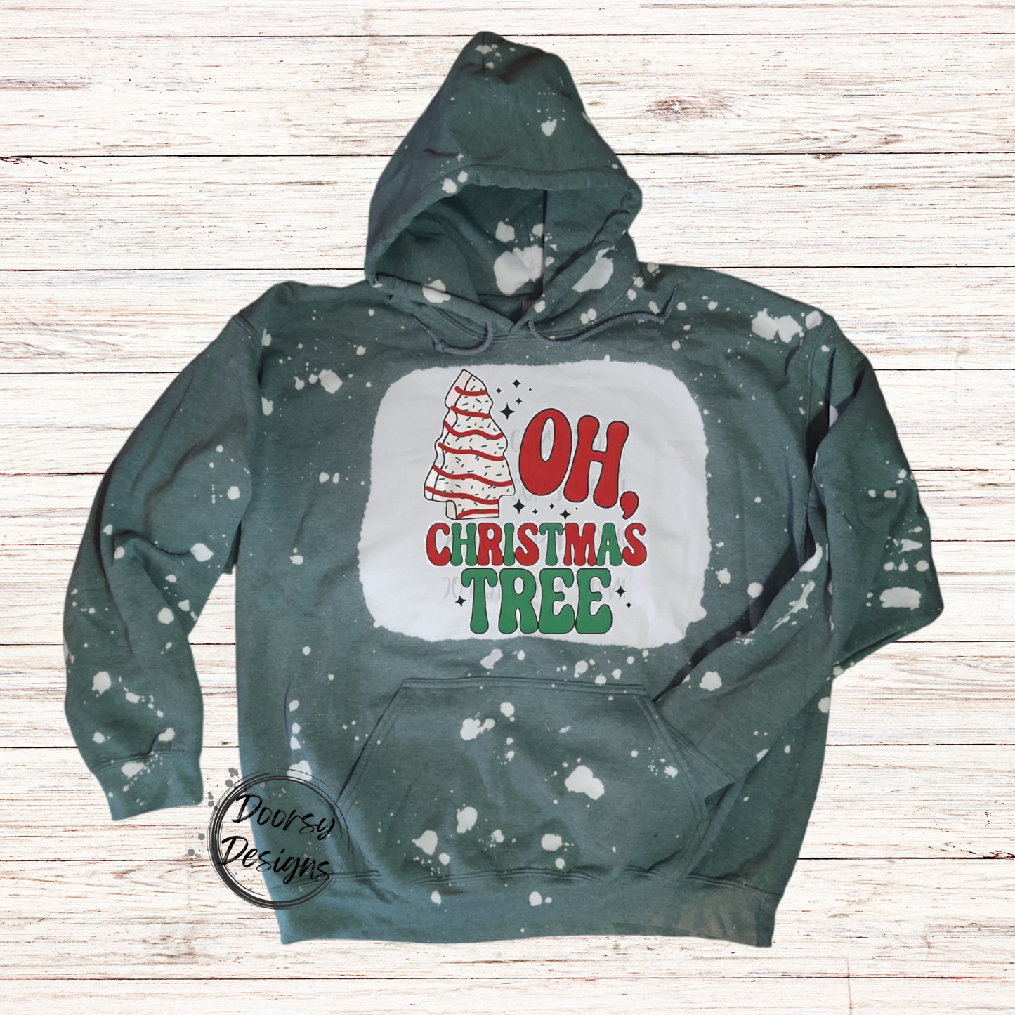 OH Christmas Tree Bleached Christmas Hooded Sweatshirt with Xmas Tree Cake