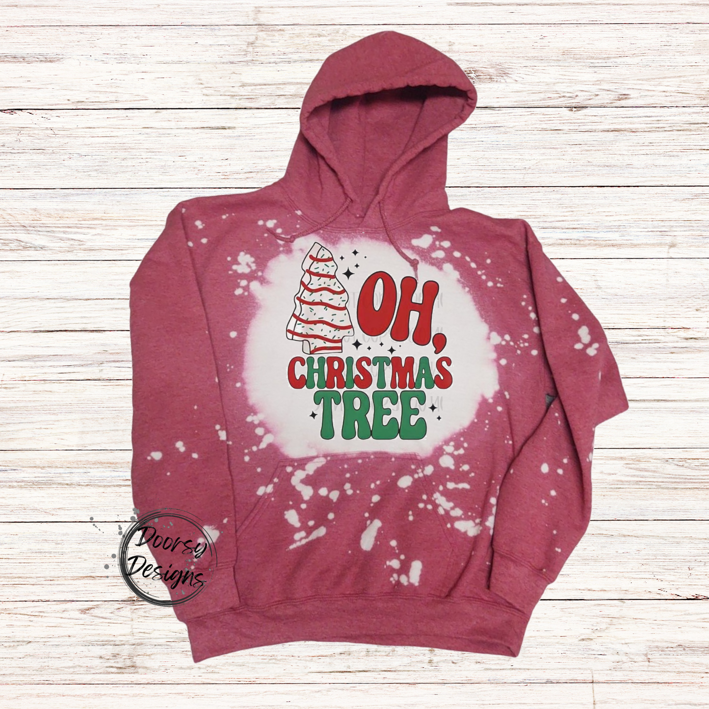 OH Christmas Tree Bleached Christmas Hooded Sweatshirt with Xmas Tree Cake